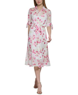 Calvin Klein - Women's Tied-Cuff Belted Shirtdress
