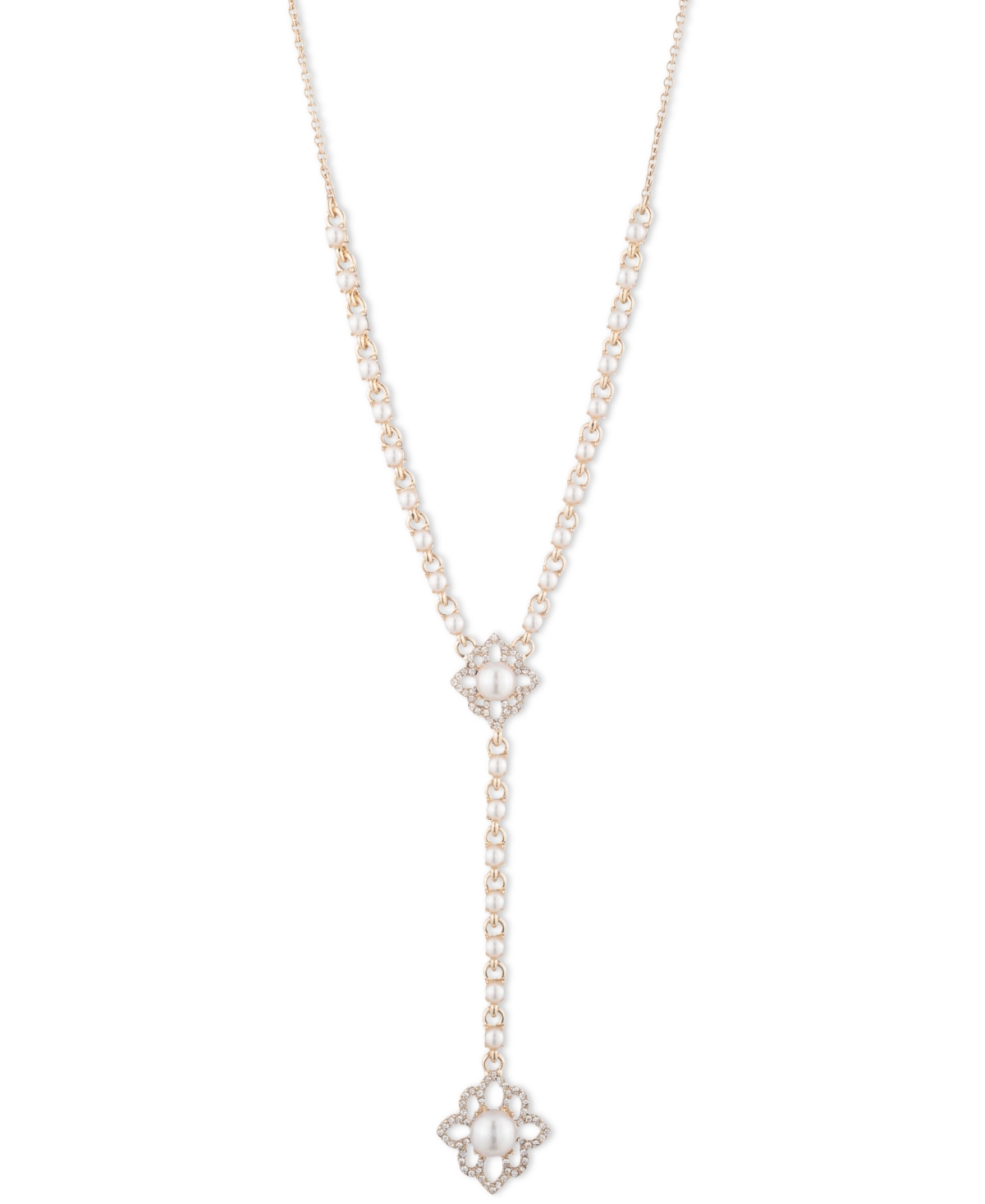 MARCHESA GOLD-TONE PAVE & IMITATION PEARL FLOWER LARIAT NECKLACE, 16" + 3" EXTENDER