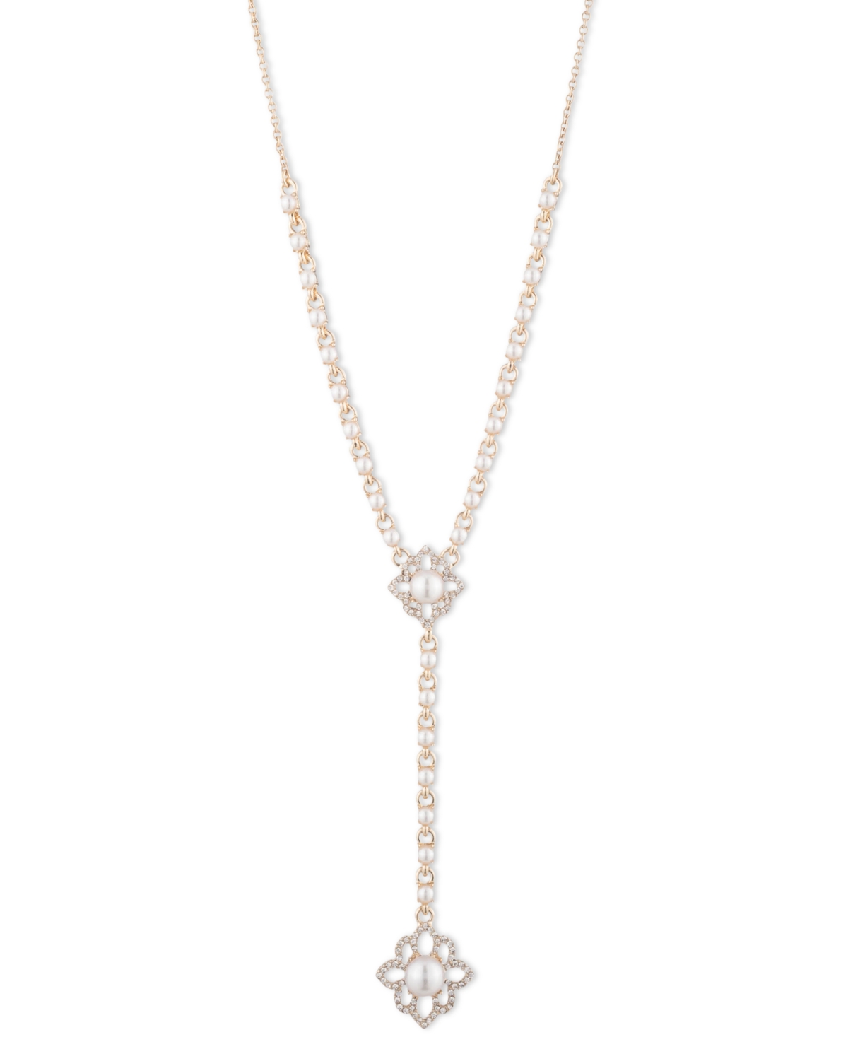 Marchesa Gold-tone Pave & Imitation Pearl Flower Lariat Necklace, 16" + 3" Extender In Gold