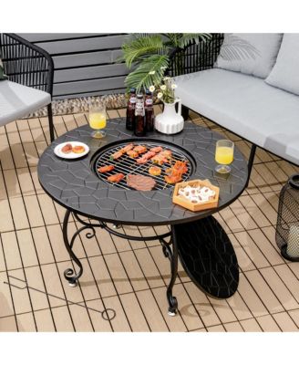 35.5'' Patio Fire Pit Dining Table Charcoal Wood Burning W/ Cooking BBQ Grate