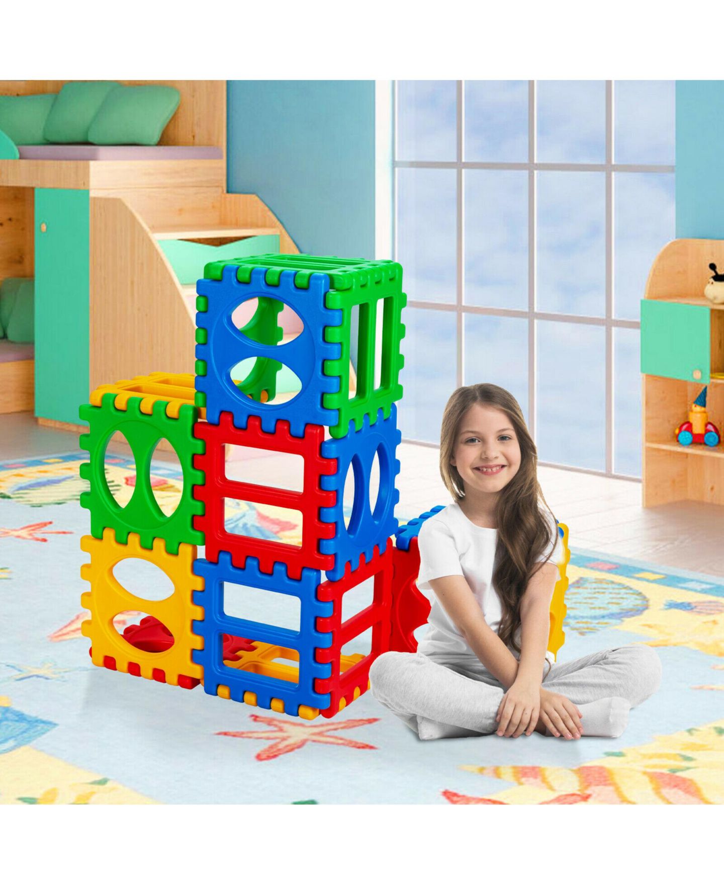 Детские конструкторы Costway 32 Pieces Big Waffle Block Set Kids Educational Stacking Building Toy, цвет: Красный — фото 10