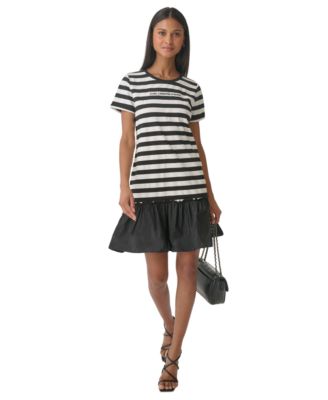 KARL LAGERFELD PARIS - Women's Striped Ruffled T-Shirt Dress