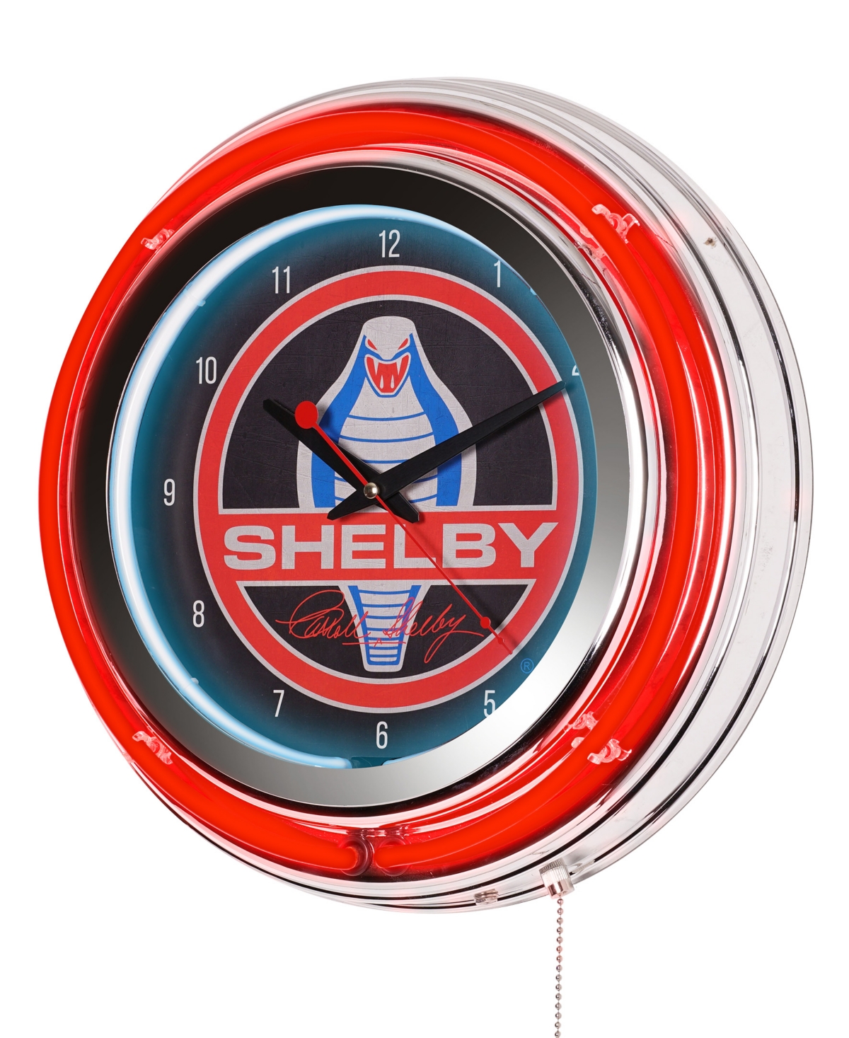 American Art Decor Shelby Retro Round Neon Wall Analog Clock With Pull Chain, 14.5" In Red