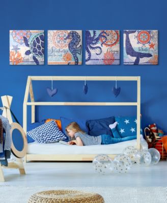 Coastal Ocean Whale Turtle Octopus Seahorse Nautical 4 Piece Beach Themed Canvas Art Set, 20" x 20"