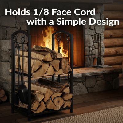5pc Indoor/Outdoor Steel Log Holder with Fireplace Tool Set, Tongs, Poker, Shovel and Brush - Black