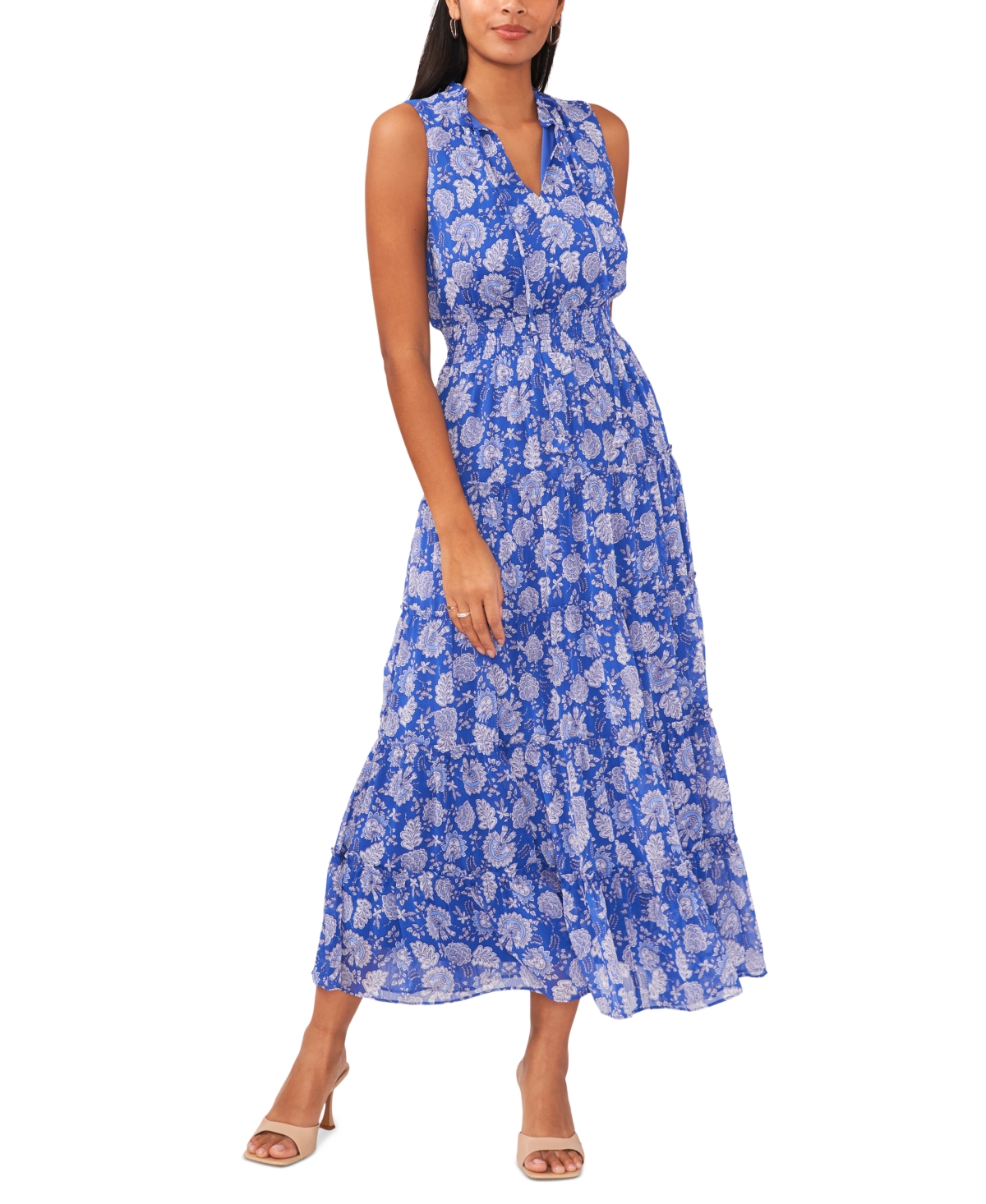 msk sleeveless tie neck tiered maxi dress