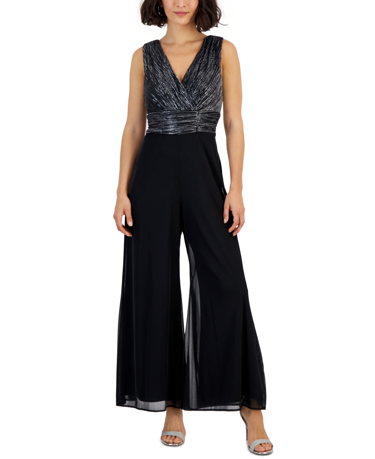 Connected Petite Sleeveless V-neck Metallic Jumpsuit In Black Silver
