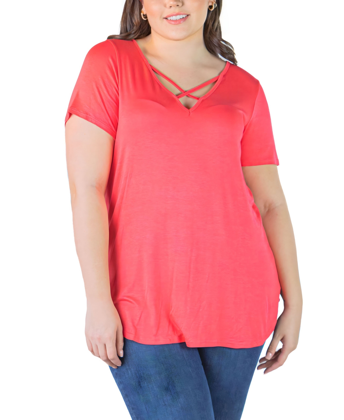 24seven Comfort Apparel Plus Size V-neck T-shirt Tunic Top In Coral