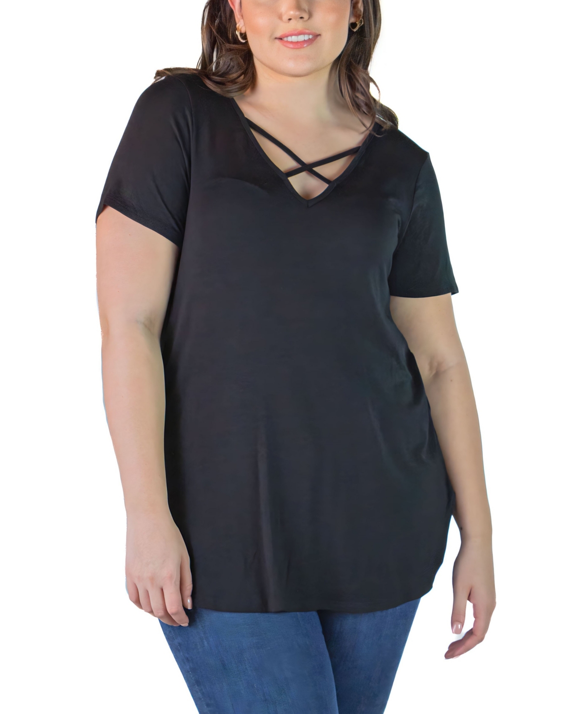 24seven Comfort Apparel Plus Size V-neck T-shirt Tunic Top In Black