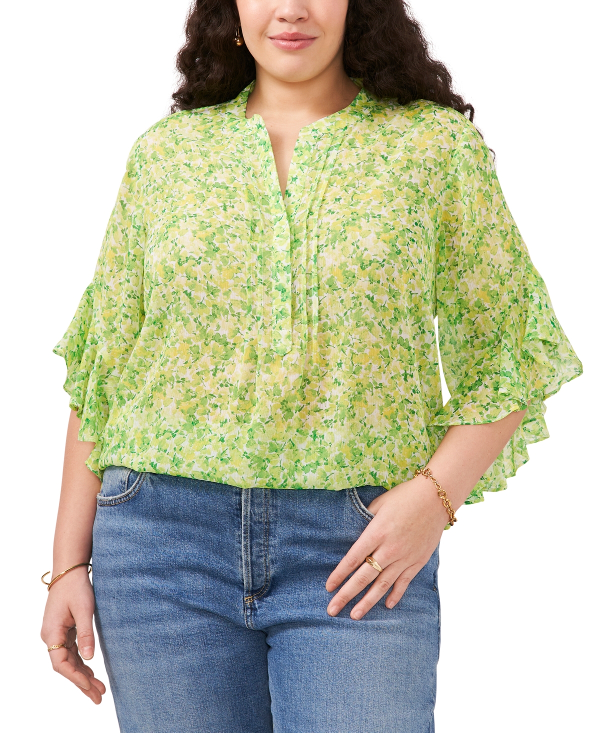 Vince Camuto Plus Size Floral-print Ruffle-sleeve Top In Bright Emerald
