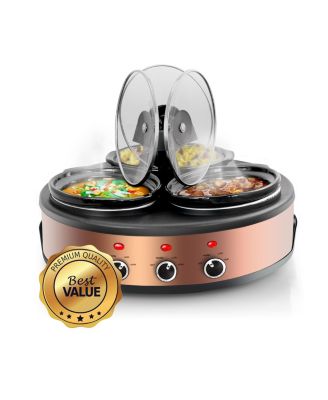 Round Triple 1.5 Quart Slow Cooker and Buffet Server in Brushed Copper and Black Finish with 3 Ceramic Cooking Pots and Removable Lid Rests