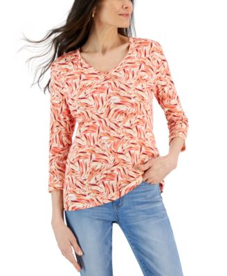 Karen Scott - Petite Printed V-Neck 3/4-Sleeve Top