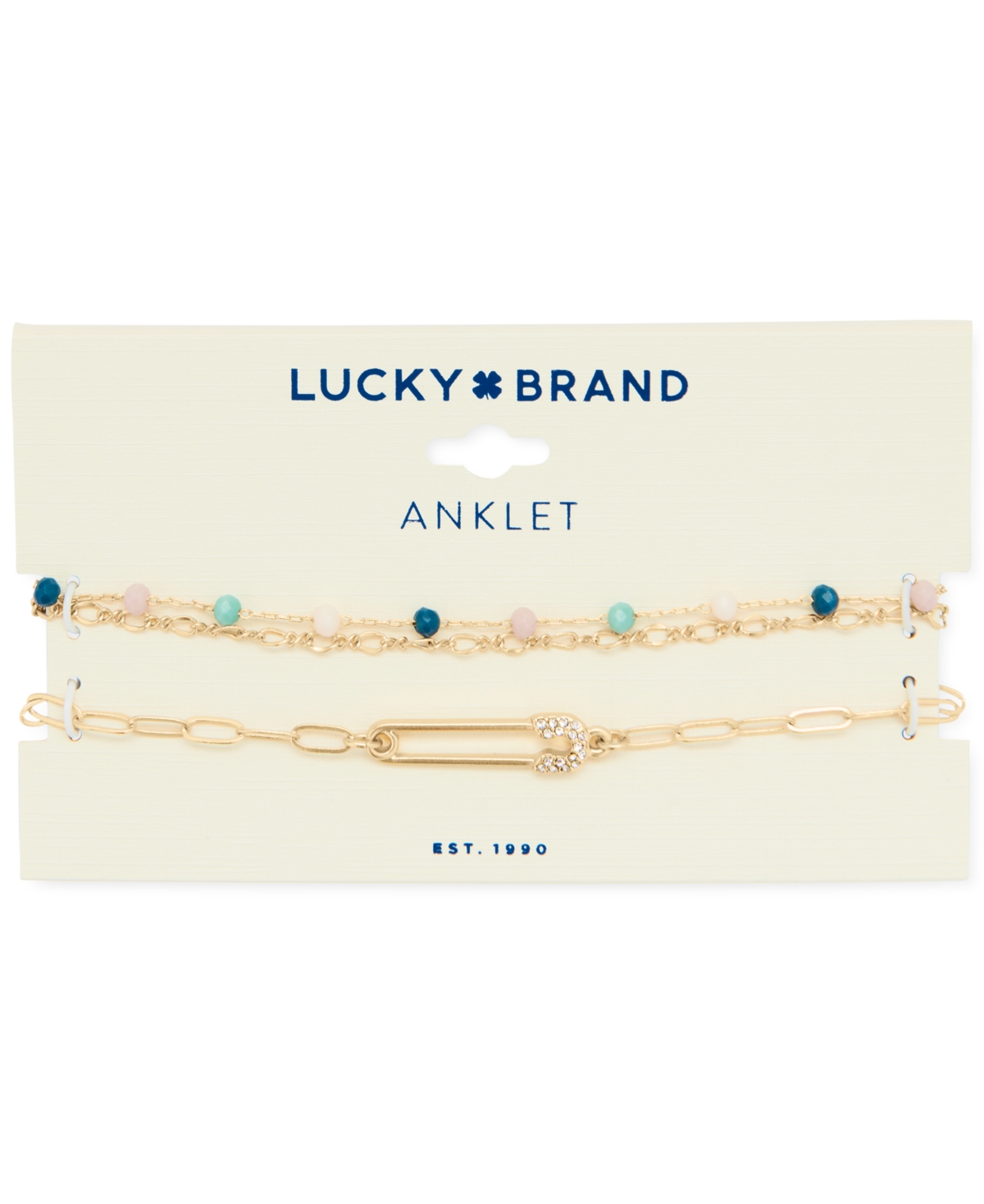Lucky Brand Gold-Tone 2-Pc. Set Beaded & Pave Safety Pin Link Ankle Bracelets