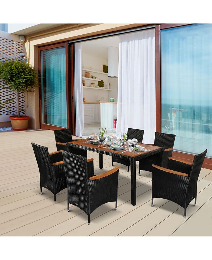 Outsunny 7 PCS Patio Dining Set Rattan Wicker Furniture Set with Acacia