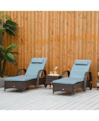 3 Piece Outdoor Furniture Set, 2 Reclining Chaise Lounge Chairs, Rolling Wheels, Armrests, Headrests, Thickly Cushioned, 1 Side Table, PE Plastic Rattan, Blue