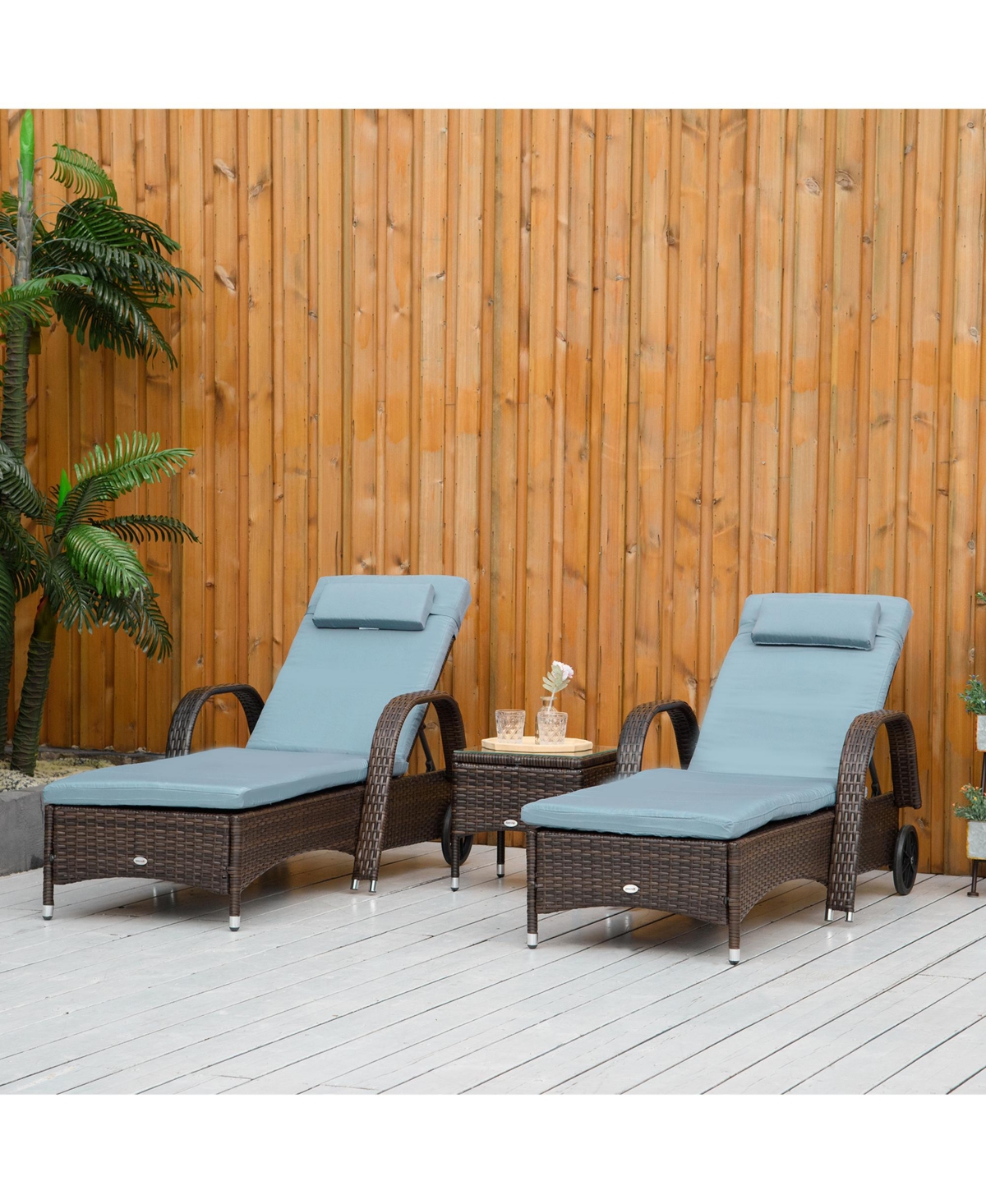 Outsunny 3 Piece Outdoor Furniture Set, 2 Reclining Chaise Lounge Chairs, Rolling Wheels, Armrests, Headrests, Thickly Cushioned, 1 Side Table, Pe Pla
