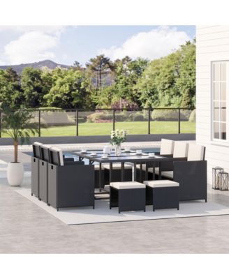 11 Pieces Patio Wicker Dining Sets, Space Saving Outdoor Sectional Conversation Set, with Dining Table, Ottoman and Chair & Cushioned for Lawn Garden Backyard, Cream White