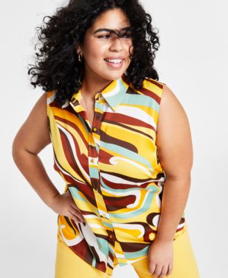 Bar III - Plus Size Swirl-Printed Sleeveless Button-Front Top