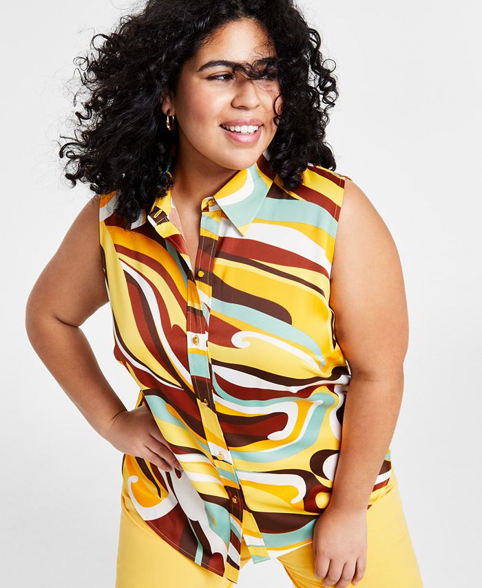 Bar III Plus Size Swirl-Printed Sleeveless Button-Front Top, Created ...