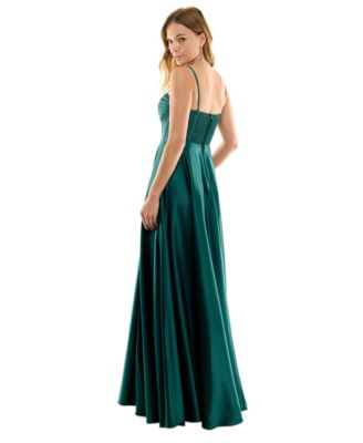 Juniors' Pleated-Bodice High-Slit Evening Gown
