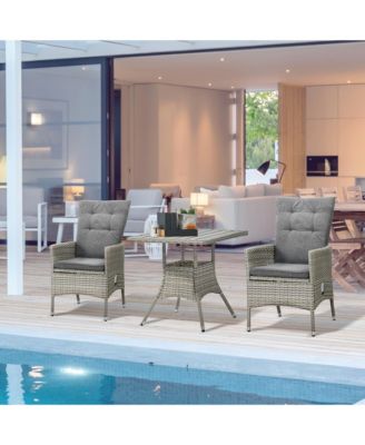 Patio Porch Furniture Set 3 Piece PE Rattan Wicker Reclining Chairs with Coffee Table, Arm Rests, Cushions, Faux Wood Tabletop, Conversation Set for Garden, Backyard, Balcony, Grey