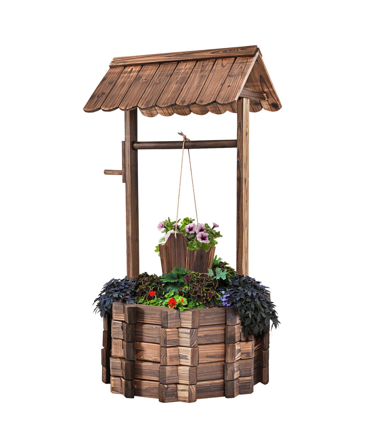 Outdoor Wooden Wishing Well Bucket Flower Plants Planter Patio Garden Home Decor - Brown