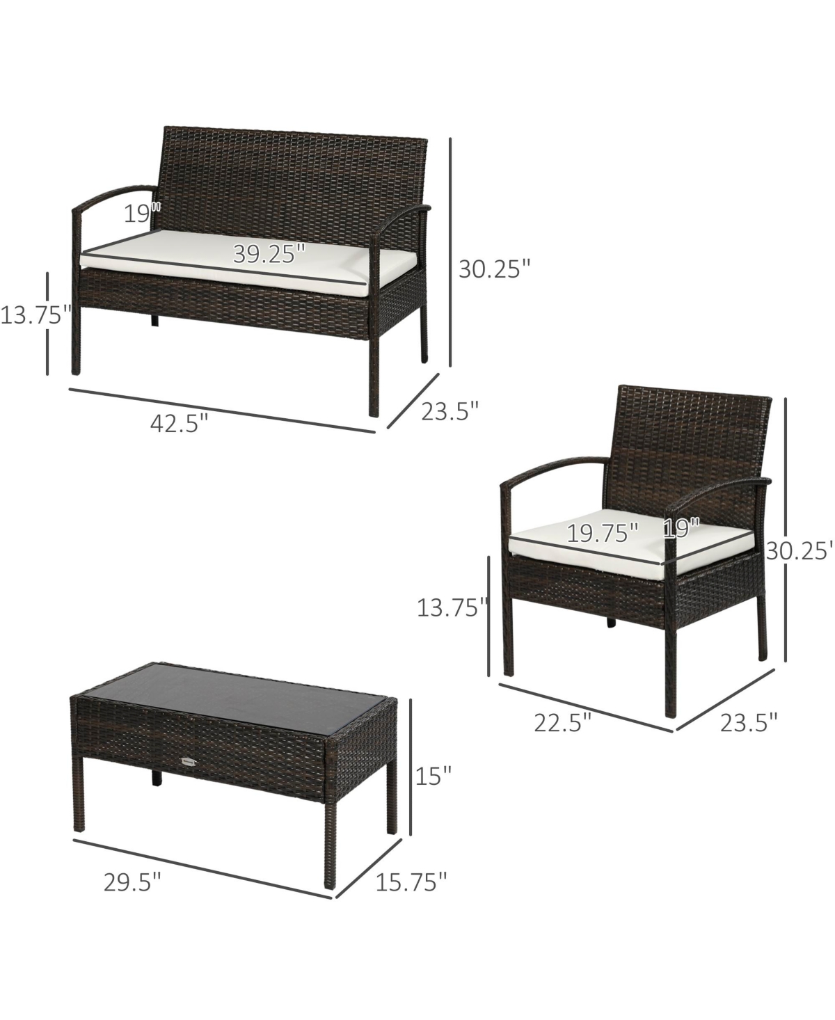 Outsunny Patio Furniture Set, 4pc w/ Loveseat, Chairs, Table