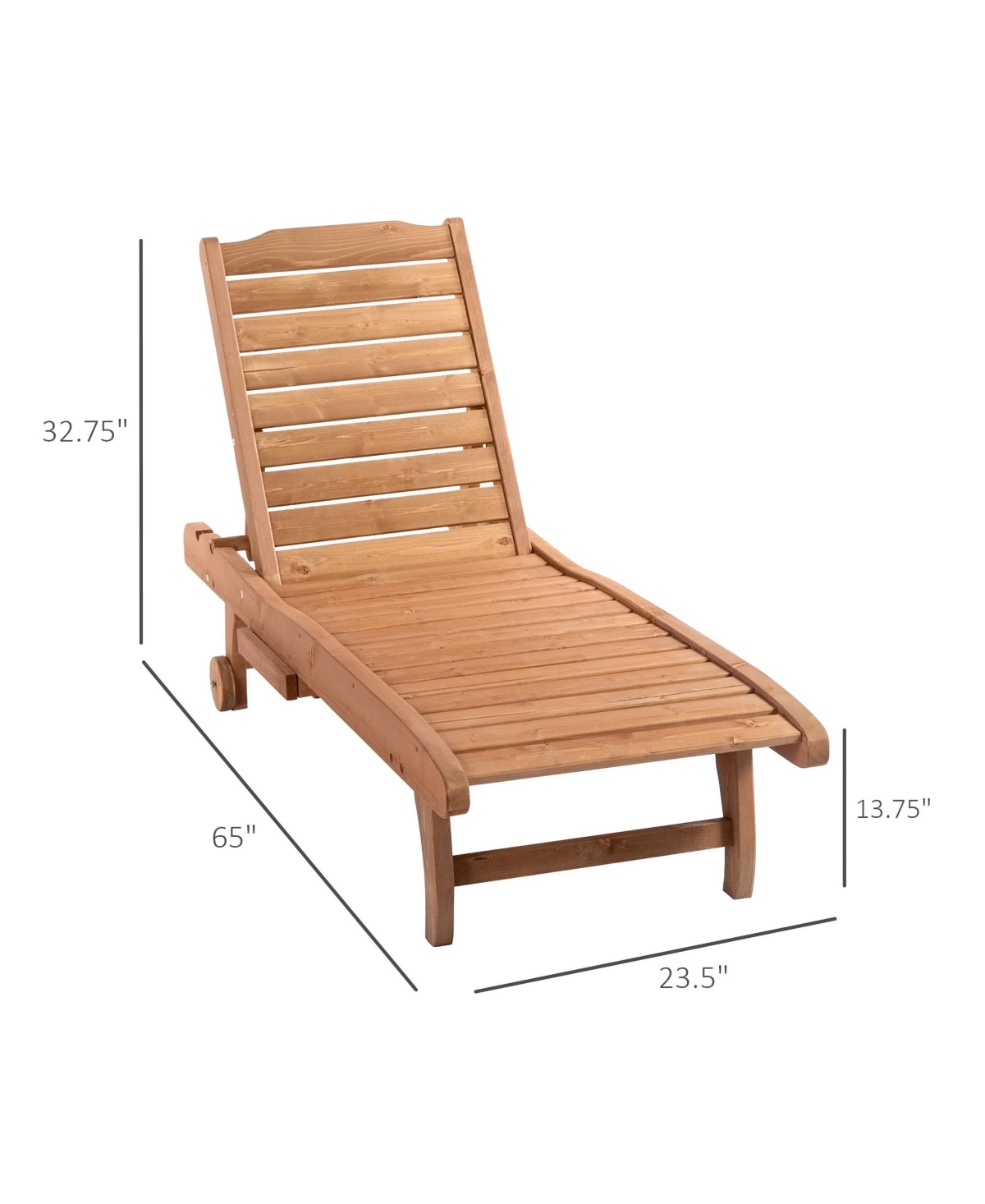 Outsunny Outdoor Sun Lounger, Wooden Chaise Lounge Chair with 3-Position Backrest, Pull-Out Tray & Wheels, for Beach, Poolside and Patio