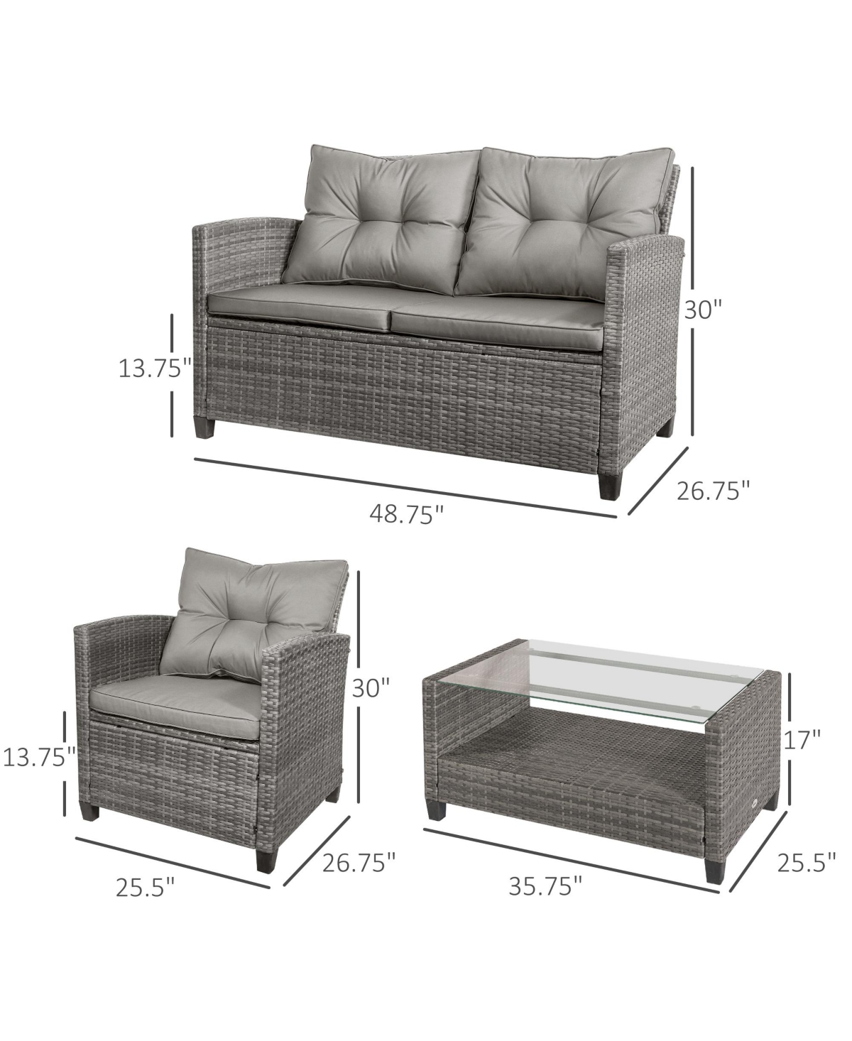 Outsunny 4 Pieces Patio Furniture Sets Rattan Wicker Chair w/ Table Outdoor Conversation Set with Cushion for Backyard Porch Garden Poolside and Deck