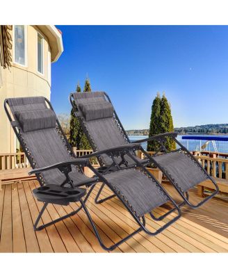 2PC Folding Zero Gravity Reclining Lounge Chairs Beach Patio W/Utility Tray