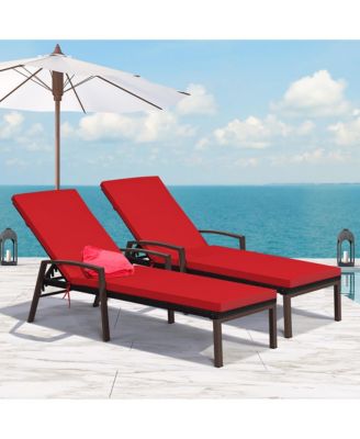 2PCS Patio Rattan Lounge Chair Chaise Recliner Back Adjustable Cushioned