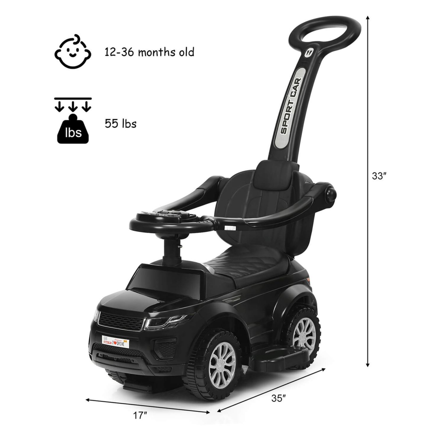 Детская игрушка Costway 3 in 1 Ride-On Push Car with Music, Ages 1+, цвет: Чёрный — фото 2