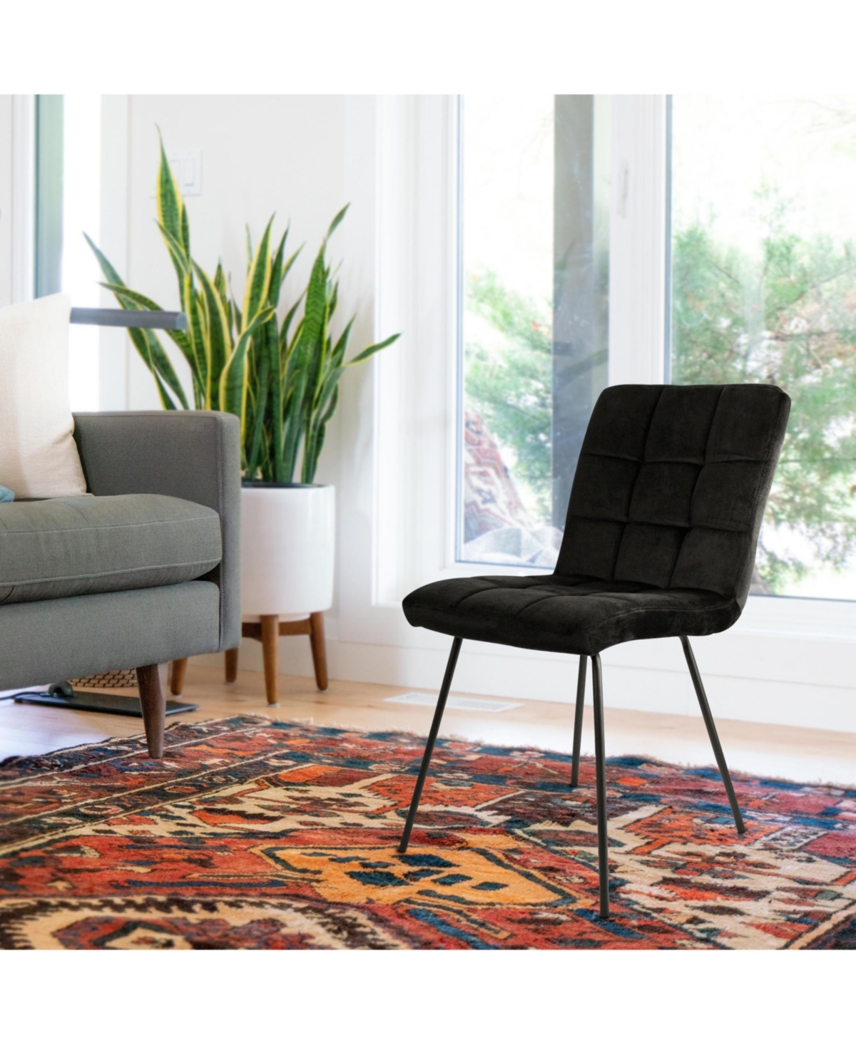 Elama 2 Piece Velvet Tufted Accent Chairs in Black with Black Metal Legs