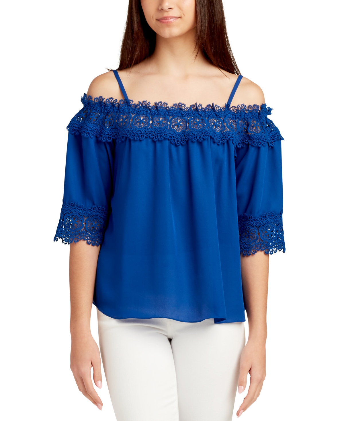 Bcx Juniors' Lace-Trim Cold-Shoulder Top