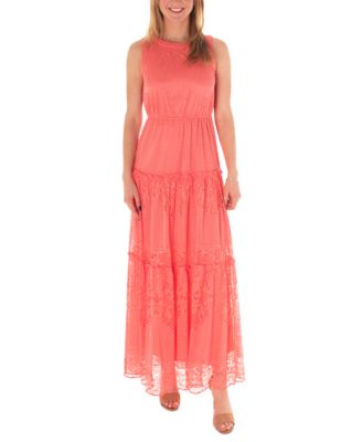 Maison Tara - Women's Round-Neck Tiered Lace Maxi Dress