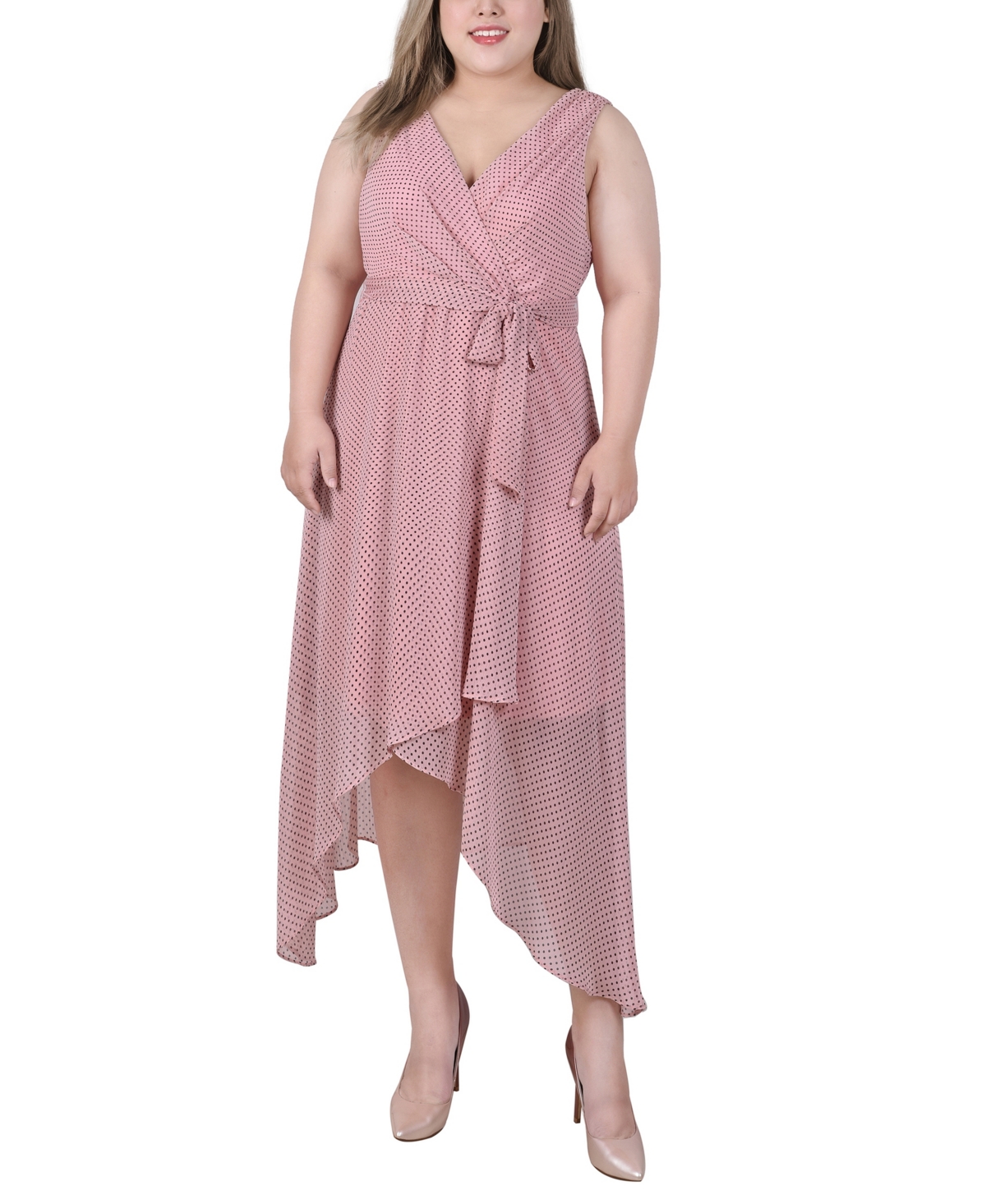 Ny Collection Plus Size Sleeveless Wrap Chiffon Dress In Blush Black Dot
