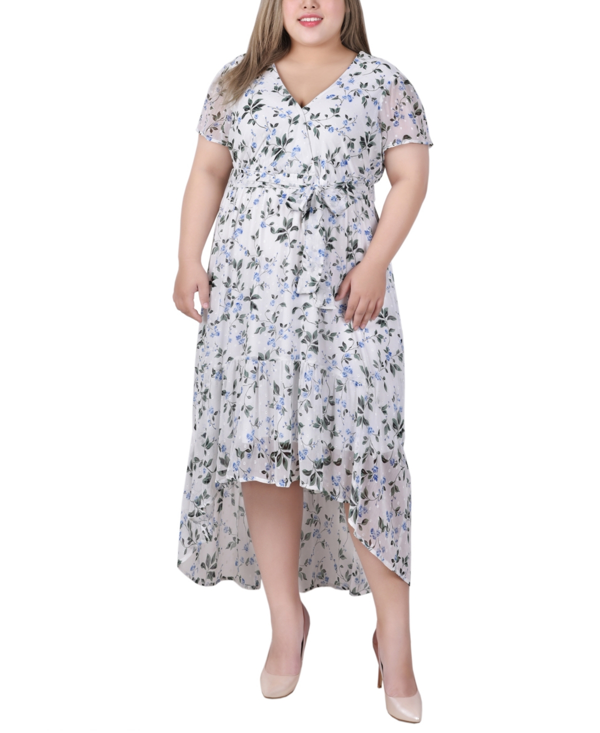 Ny Collection Plus Size Short Sleeve Handkerchief Hem Chiffon Dress In Ivory Blue Floral
