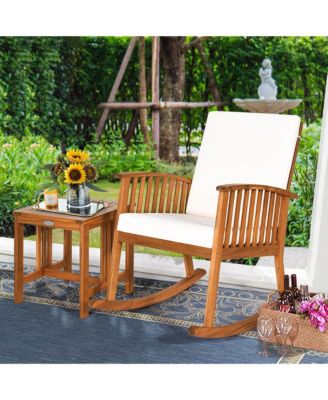 2PCS Acacia Wood Patio Rocking Chair Set Cushioned Coffee Table