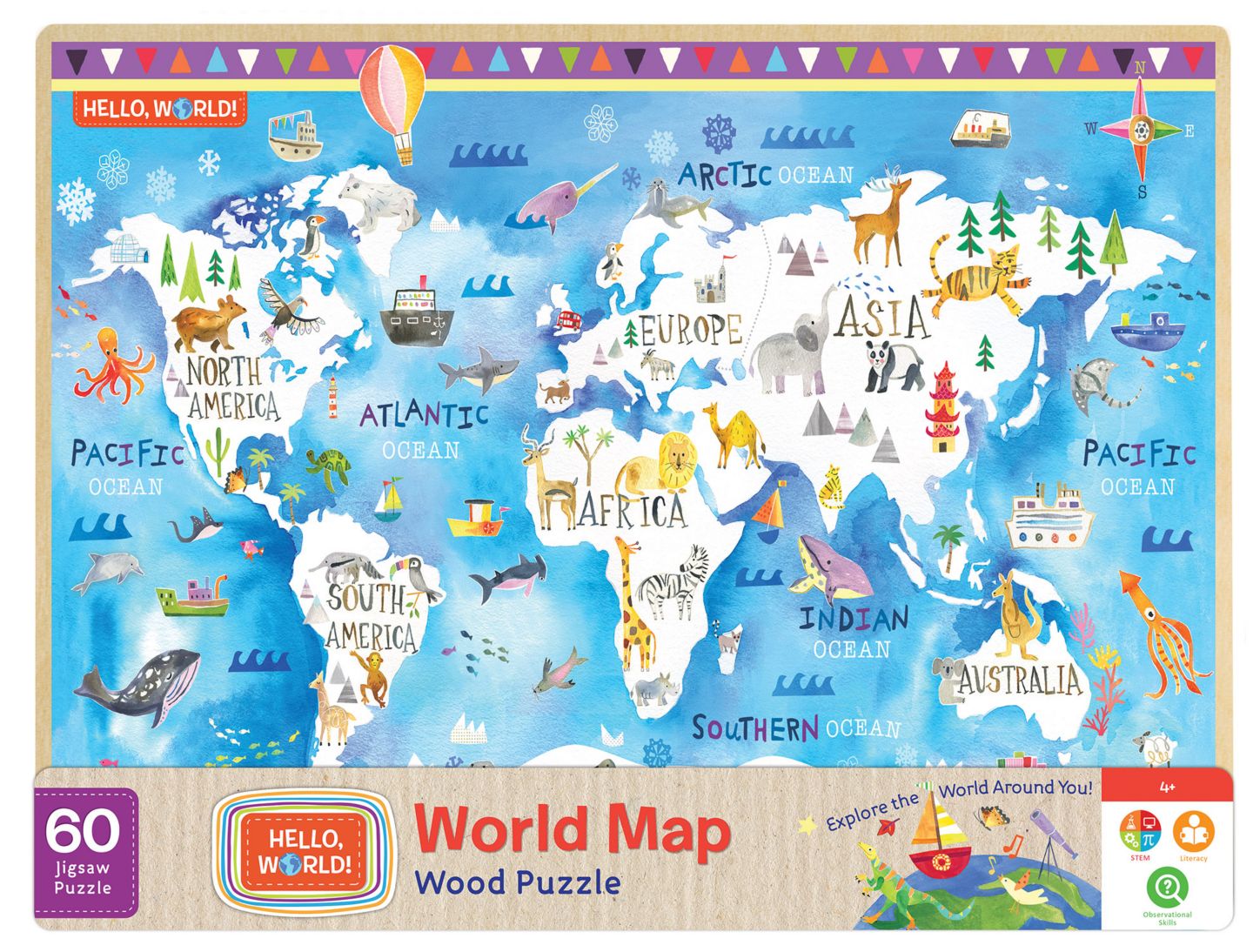 Детская игрушка MasterPieces Puzzles Hello, World! World Map 60-Piece Jigsaw Puzzle, Ages 4+, цвет: Разноцветный — фото 1