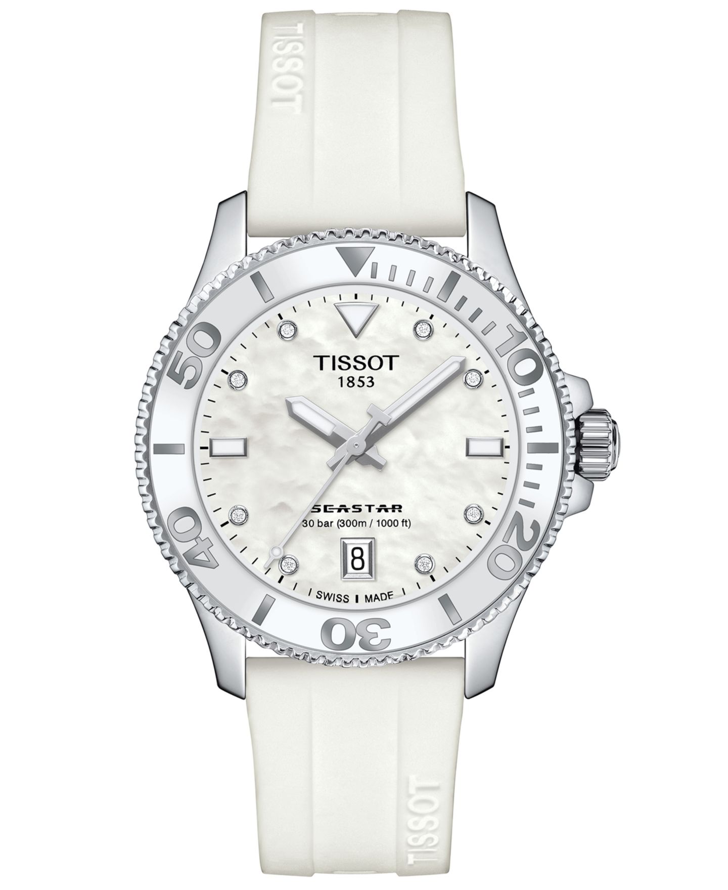 Женские часы Tissot Swiss Seastar 1000 White Silicone Strap Watch 36mm — фото 1