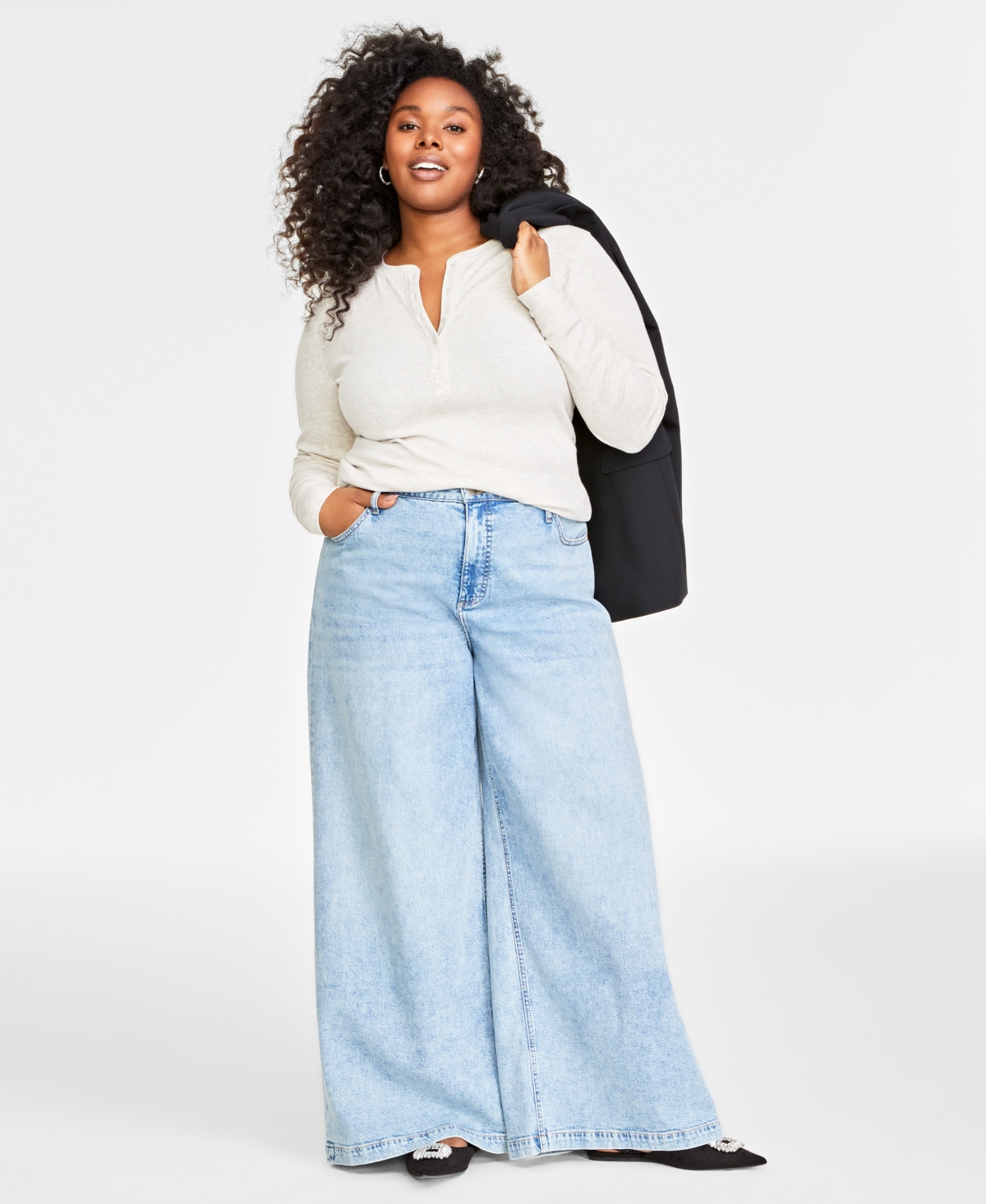On 34th Plus Size Ribbed Long-sleeve Henley Top, Created For Macy's In Oatmeal Heather