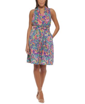 kensie - Women's Cotton Notched Collar Belted Dress