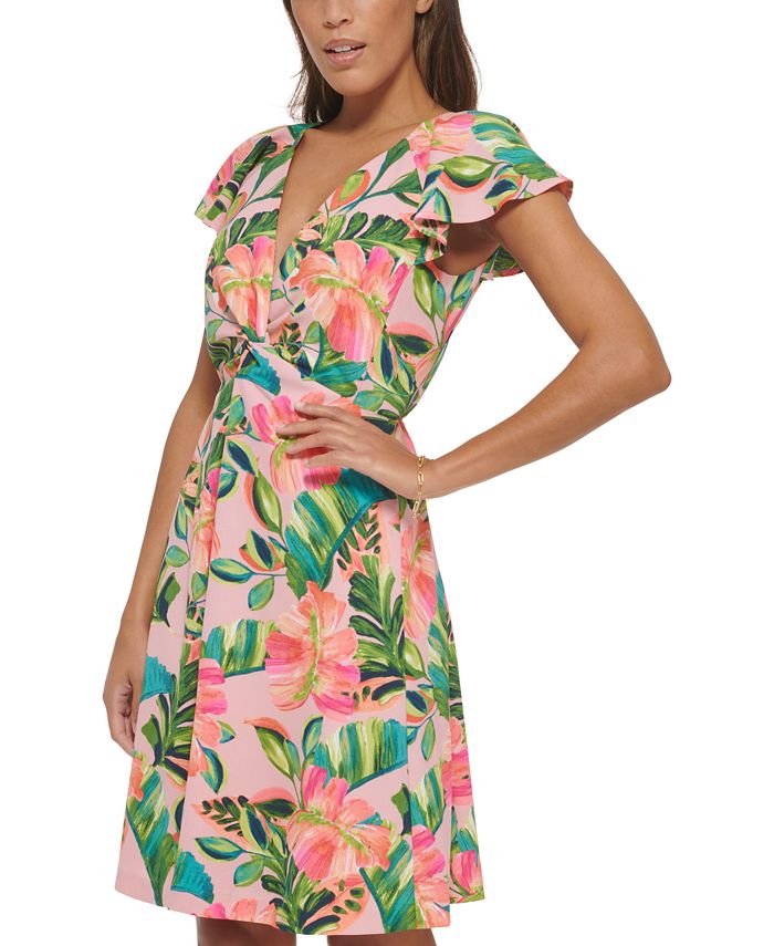 kensie Women's Printed Knot-Front Flutter-Sleeve Dress - Macy's