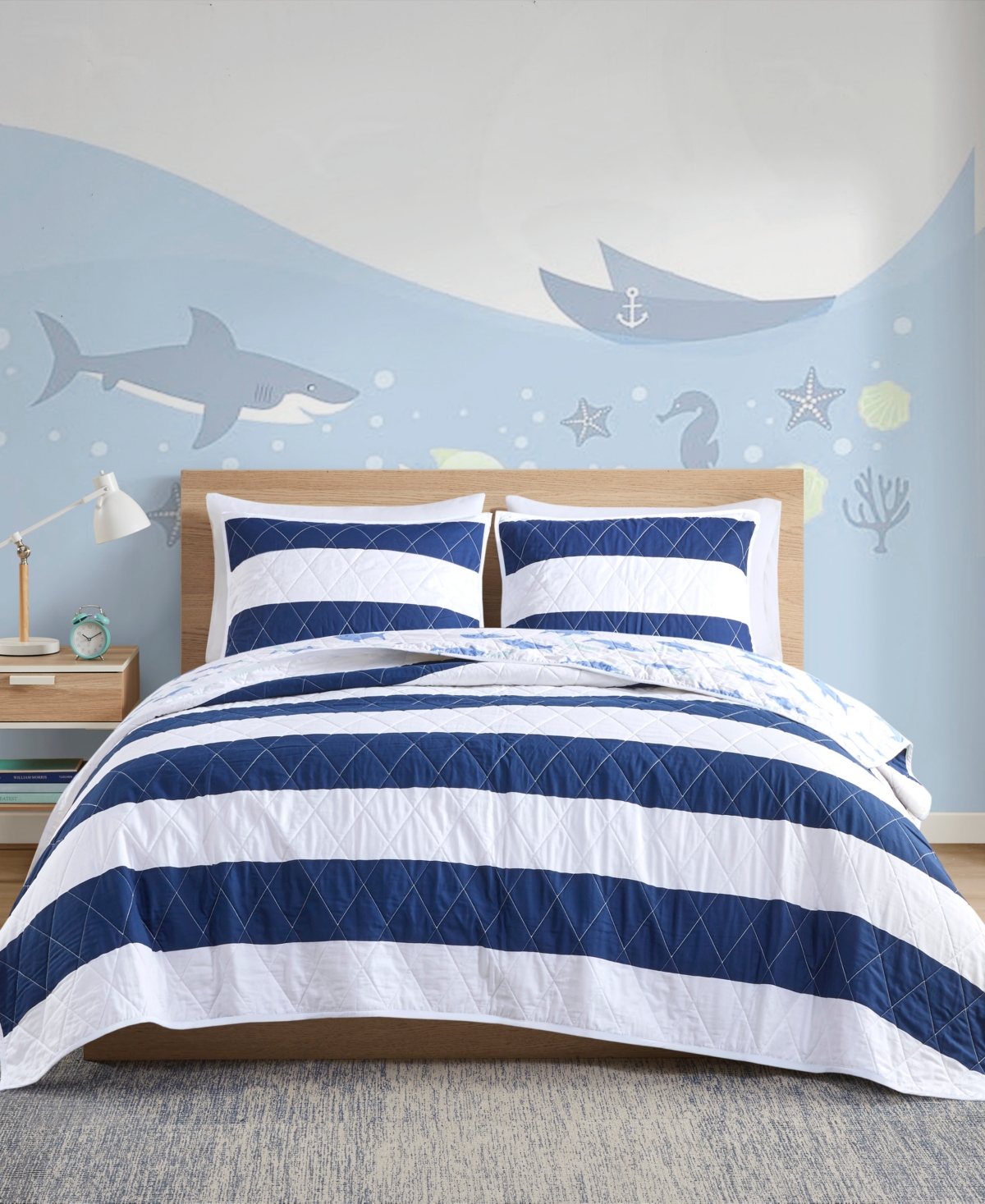 Urban Habitat Kids Sammie Cotton Cabana Stripe Reversible Comforter Set With Shark Reverse Collection Bedding In Navy