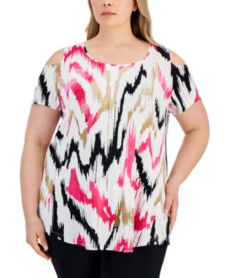 売れ筋商品|||ジェイエムコレクション カットソー トップス レディース Plus Size Printed Tie Split Neck Top, Exclusively at Macy's Stonewall Vince Camuto Women's Printed Split Neck Short-Sleeve Blouse