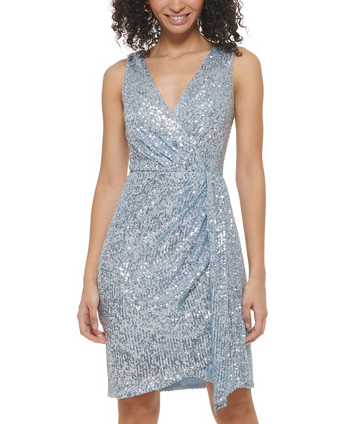Eliza J Women s Faux Wrap Sleeveless Sequin Sheath Dress Macy s