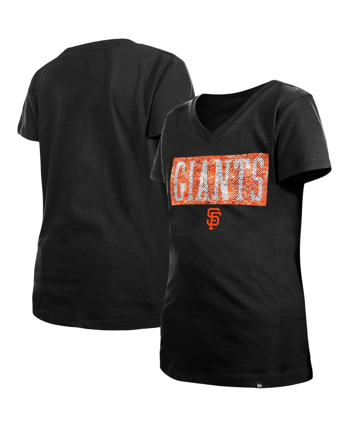 NEW ERA BIG GIRLS NEW ERA BLACK SAN FRANCISCO GIANTS FLIP SEQUIN TEAM V-NECK T-SHIRT 