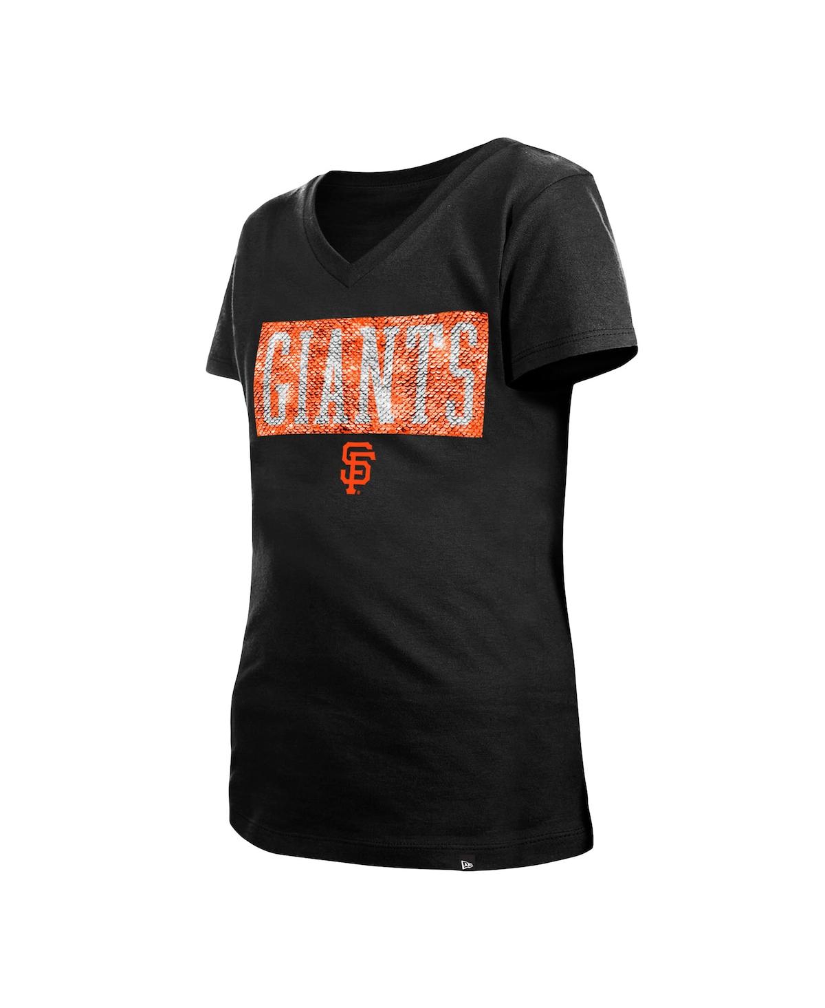 NEW ERA BIG GIRLS NEW ERA BLACK SAN FRANCISCO GIANTS FLIP SEQUIN TEAM V-NECK T-SHIRT 