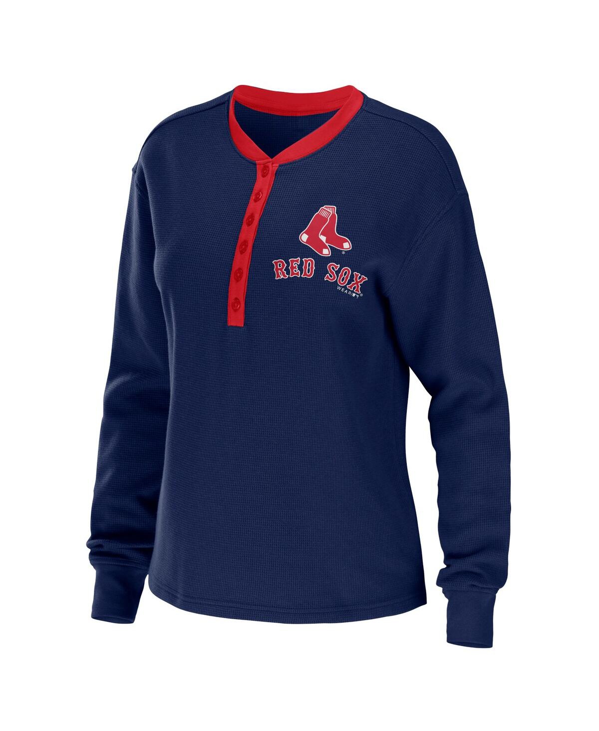 Shop Wear By Erin Andrews Women's  Navy Boston Red Sox Waffle Henley Long Sleeve T-shirt
