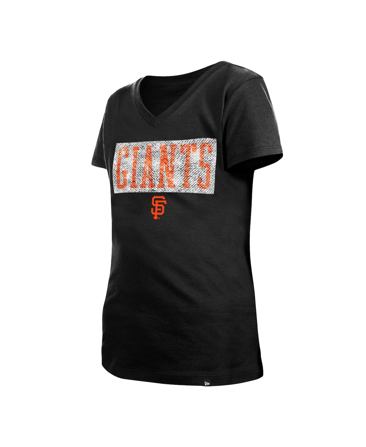 NEW ERA BIG GIRLS NEW ERA BLACK SAN FRANCISCO GIANTS FLIP SEQUIN TEAM V-NECK T-SHIRT 